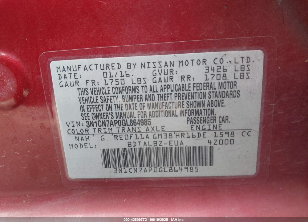 2016 NISSAN VERSA VIN: 3N1CN7AP0GL864985