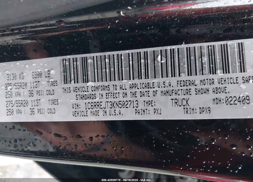 2019 RAM 1500 LAIE  4X2 5'7 BOX VIN: 1C6RREJT3KN502713