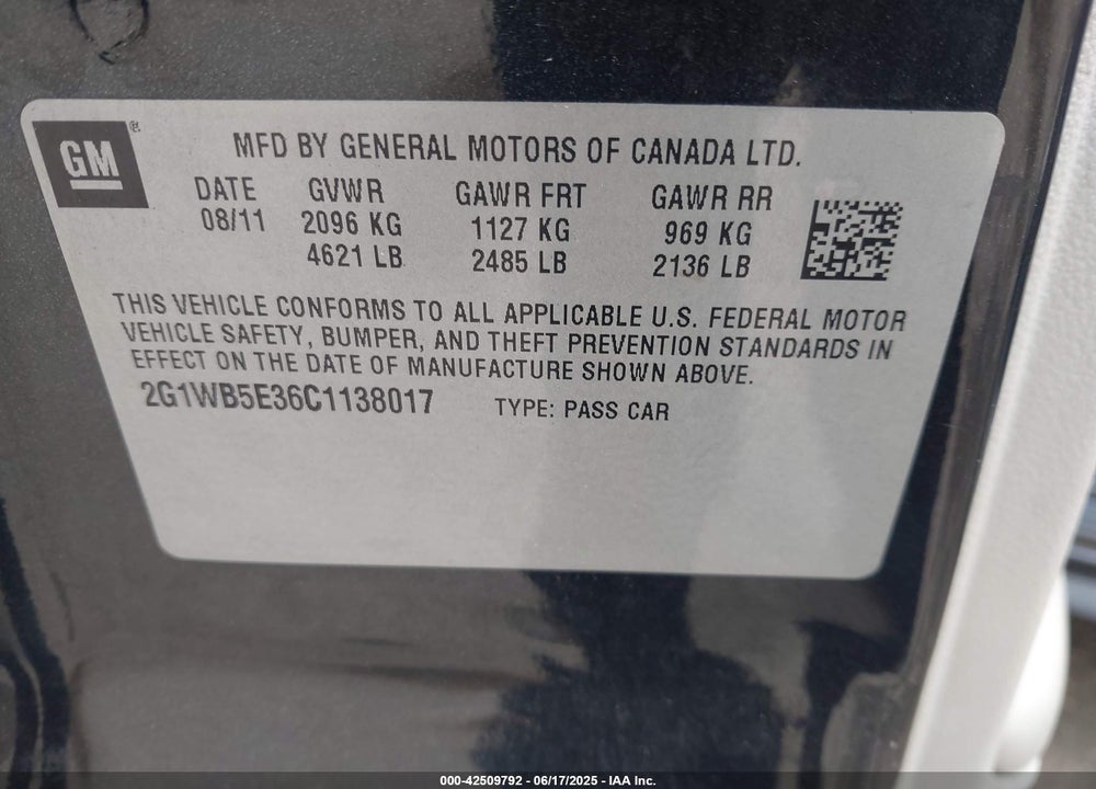 2012 CHEVY IMPALA VIN: 2G17B5E36C1138017