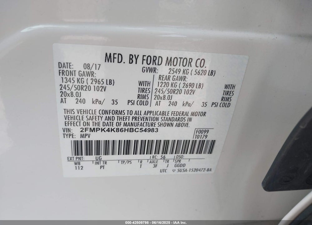 2017 FORD EDGE TITANIUM VIN: 2FMPK4K86HBC54983