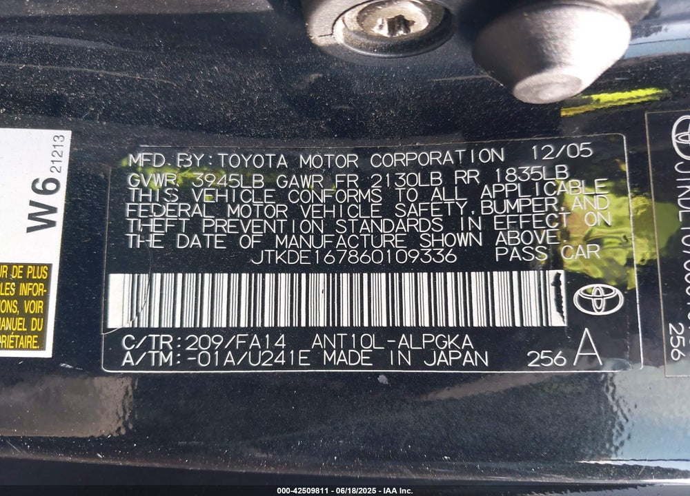 2006 SCION TC VIN: JTKDE167860109336