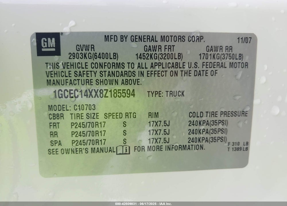 2008 CHEVROLET SILVERADO 1500 VIN: 1GCEC14XX8Z185594