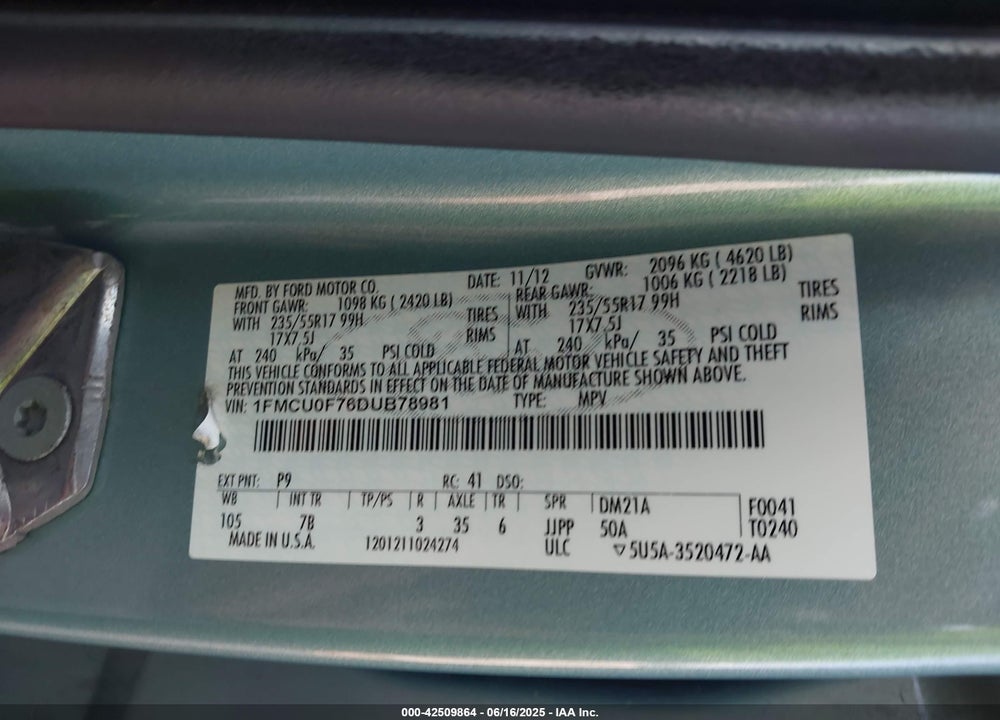 2013 FORD ESCAPE VIN: 1FMCU0F76DUB78981