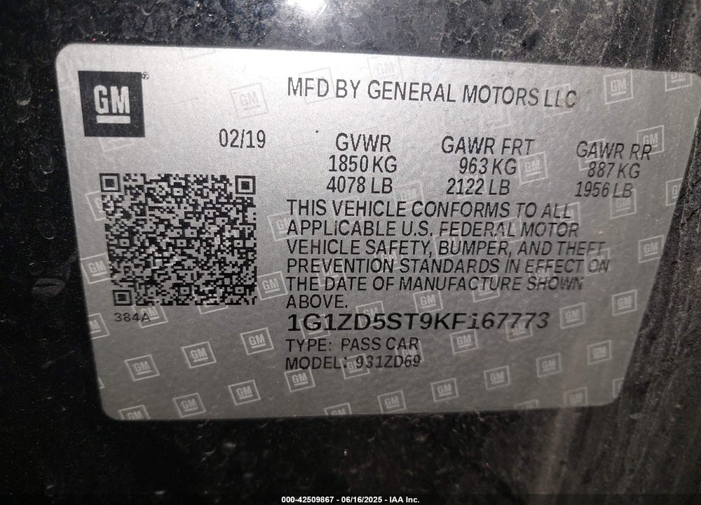 2019 CHEVROLET MALIBU VIN: 1G1ZD5ST9KF167773