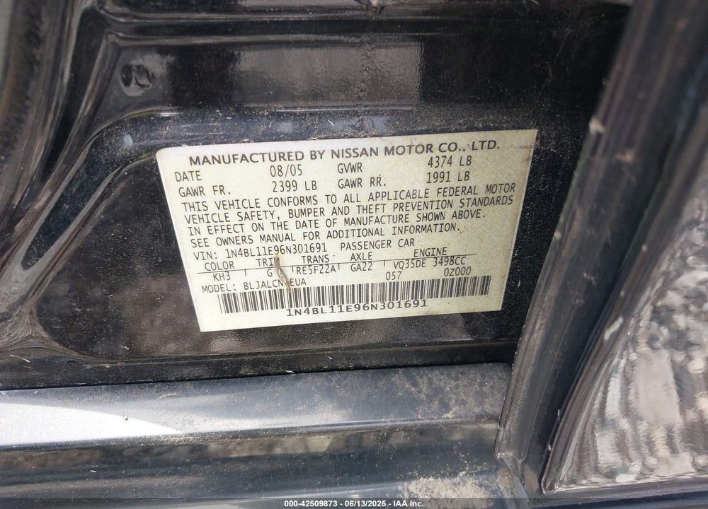 2006 NISSAN ALTIMA VIN: 1N4BL11E96N301691