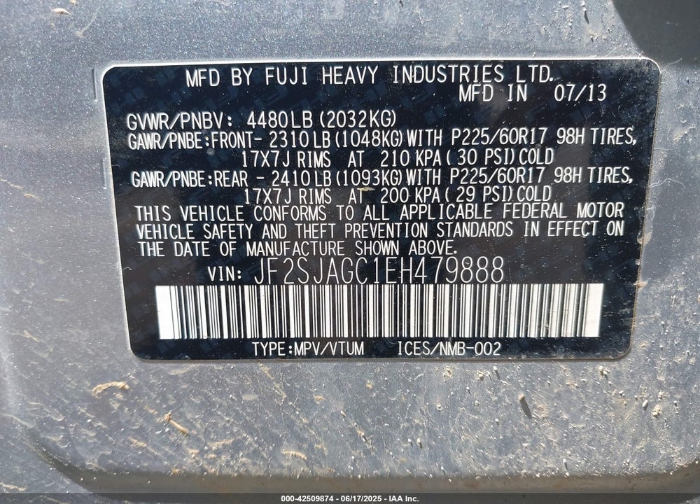 2014 SUBARU FORESTER VIN: JF2SJAGC1EH479888
