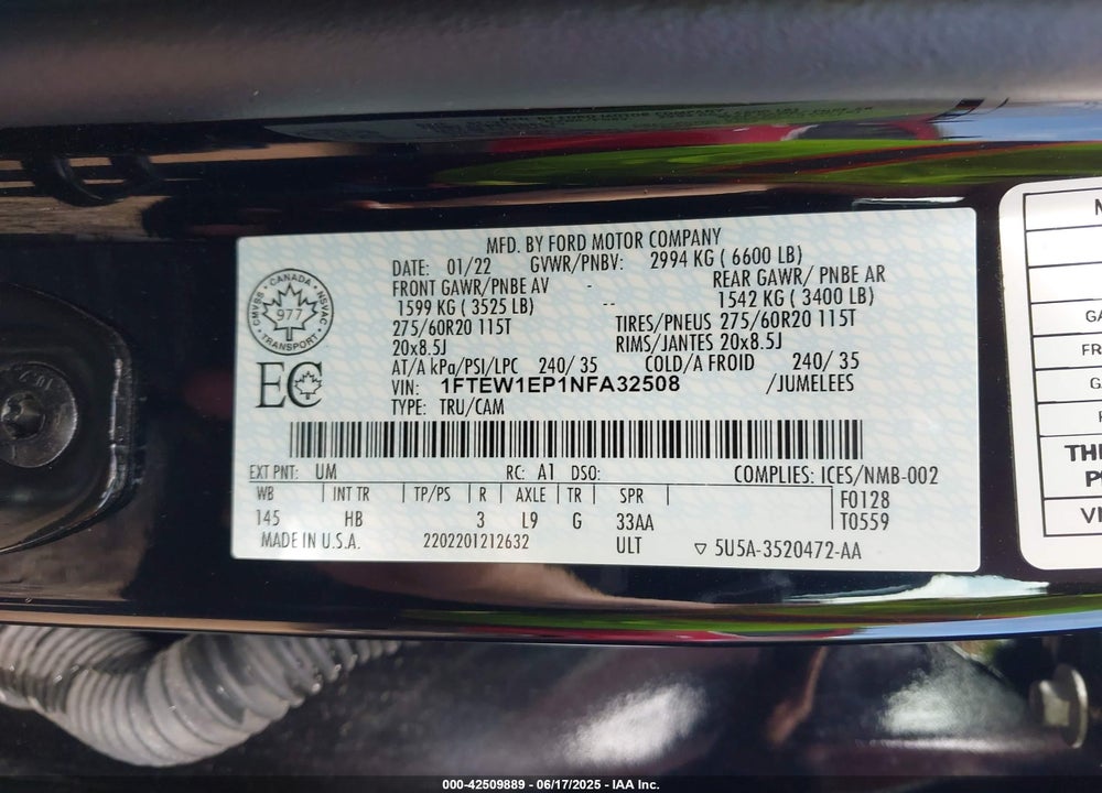 2022 FORD F-150 VIN: 1FTEW1EP1NFA32508