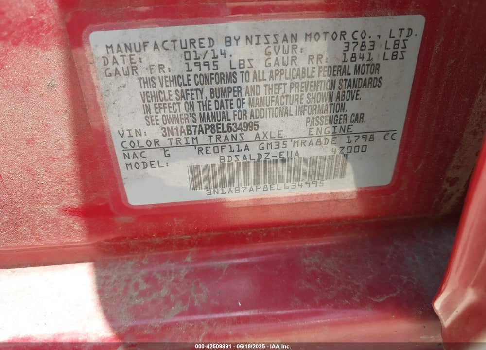2014 NISSAN SENTRA VIN: 3N1AB7AP8EL634995