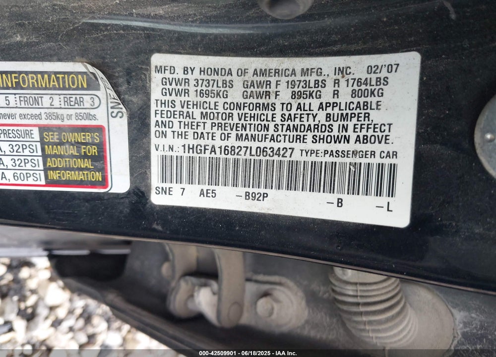 2007 HONDA CIVIC EX VIN: 1HGFA16827L063427