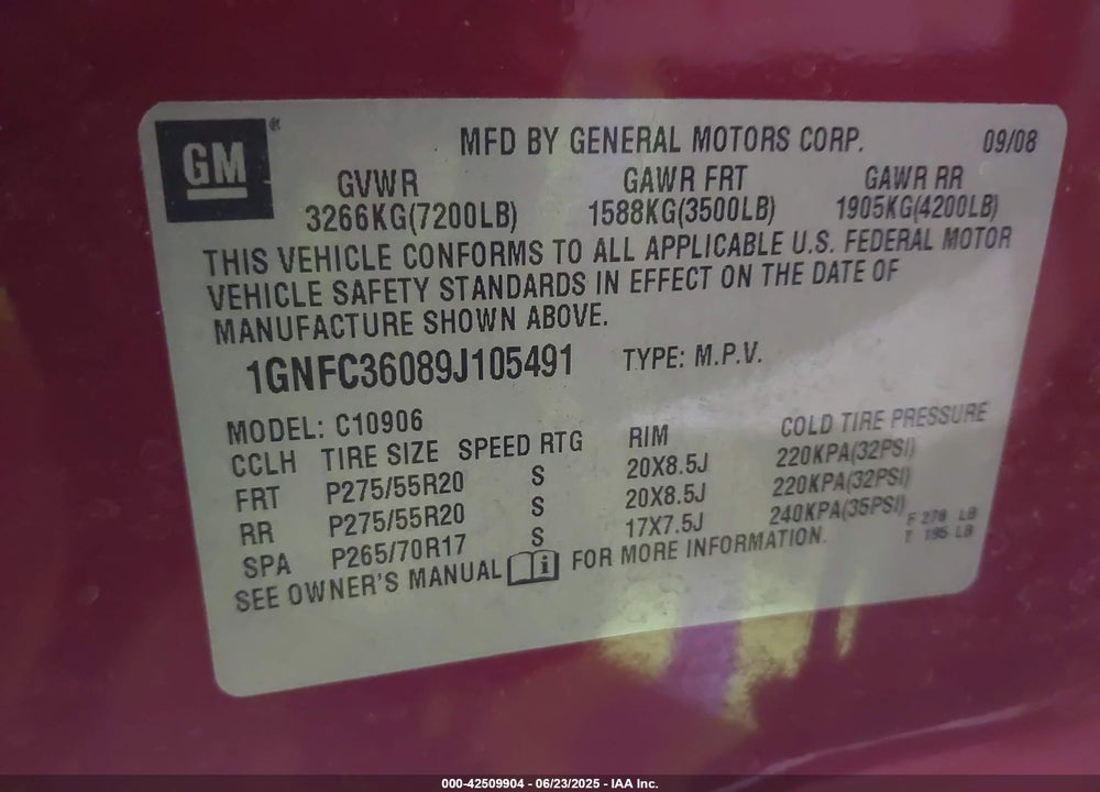 2009 CHEVROLET SUBURBAN 1500 VIN: 1GNFC36089J105491