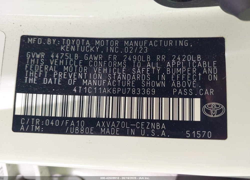 2023 TOYOTA CAMRY VIN: 4T1C11AK6PU783369