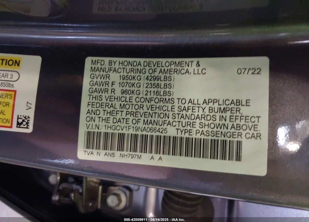 2022 HONDA ACCORD VIN: 1HGCV1F19NA066425