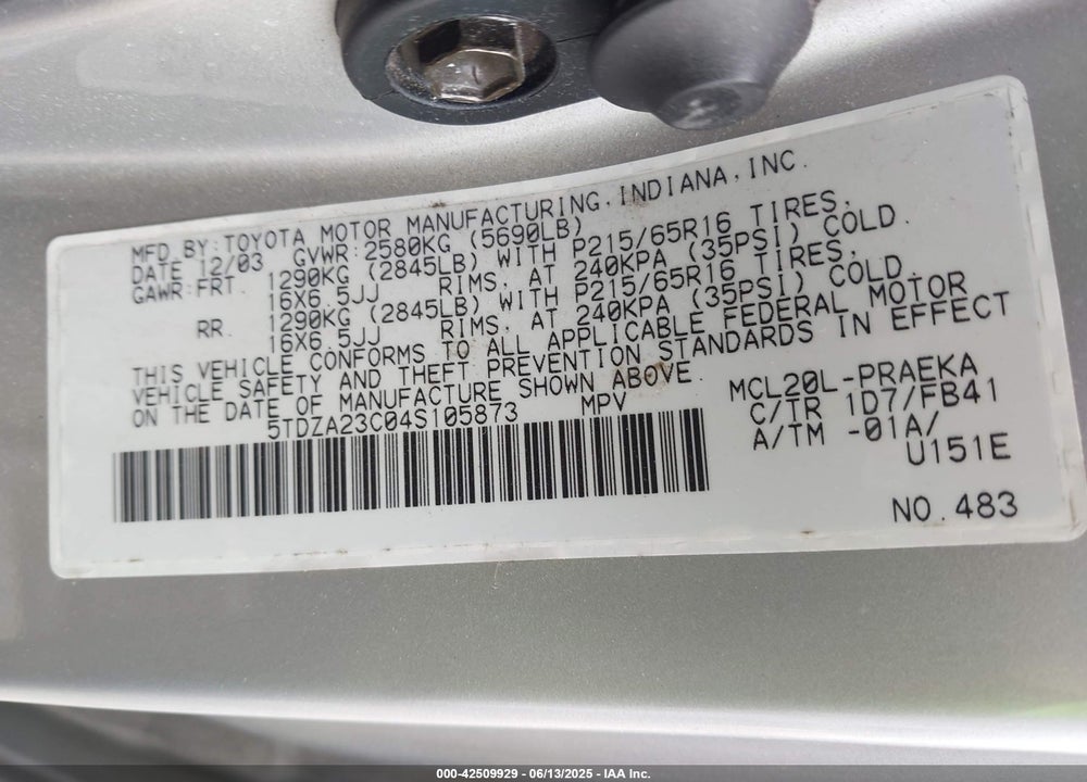 2004 TOYOTA SIENNA LE VIN: 5TDZA23C04S105873
