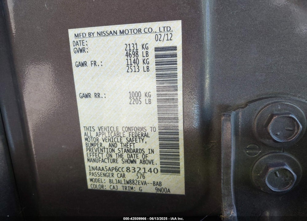 2012 NISSAN MAXIMA 3.5 SV VIN: 1N4AA5AP6CC832140