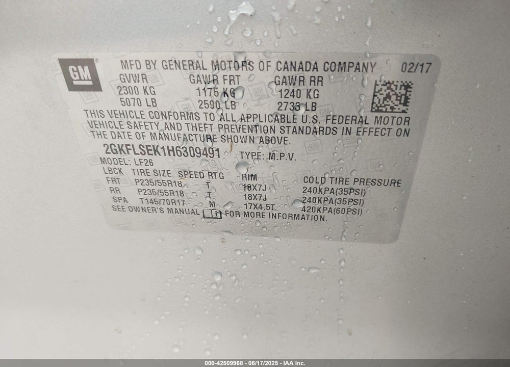 2017 GMC TERRAIN VIN: 2GKFLSEK1H6309491