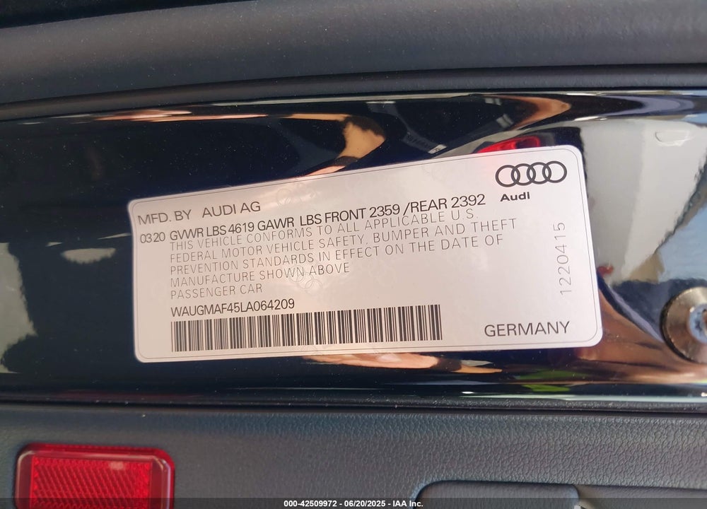 2020 AUDI A4 PREMIUM 40 TFSI FRONT-WHEEL DRIVE S TRONIC VIN: WAUGMAF45LA064209