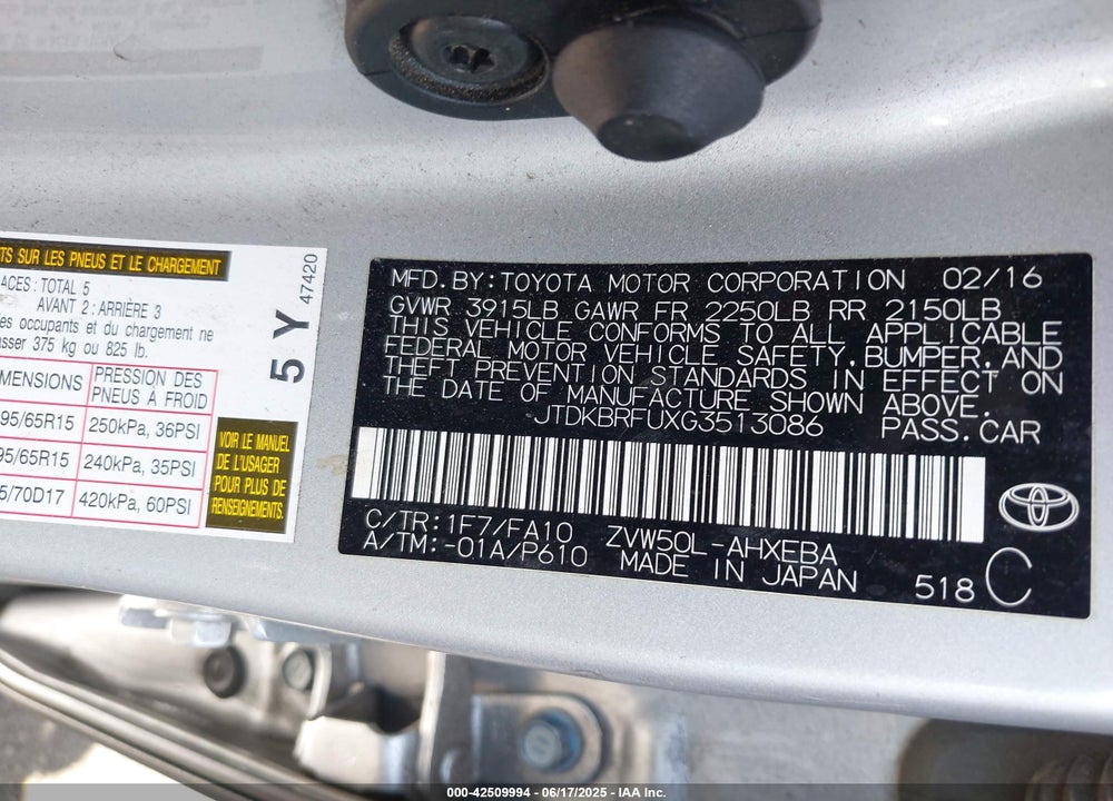 2016 TOYOTA PRIUS TWO VIN: JTDKBRFUXG3513086