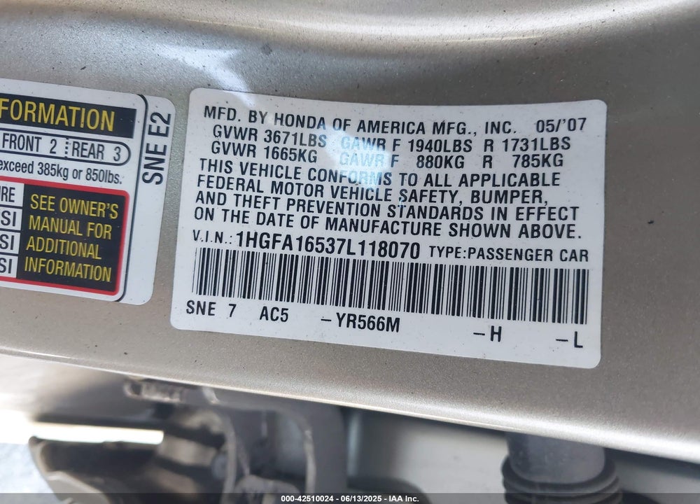 2007 HONDA CIVIC LX VIN: 1HGFA16537L118070