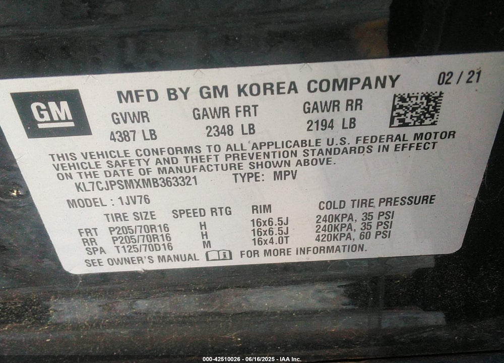 2021 CHEVROLET TRAX VIN: KL7CJPSMXMB363321