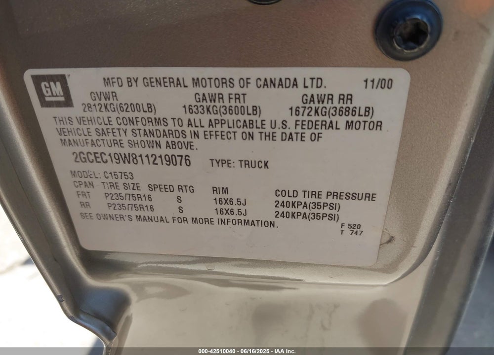 2001 CHEVROLET SILVERADO 1500 VIN: 2GCEC19W811219076