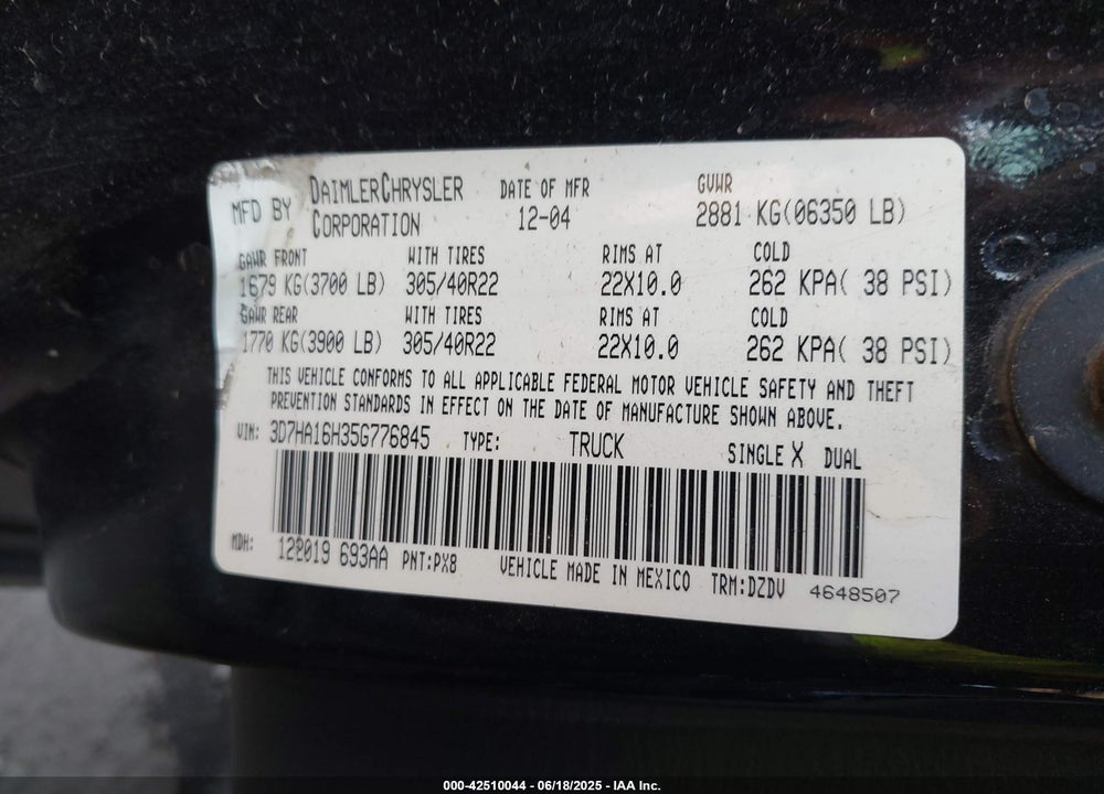 2005 DODGE RAM 1500 SRT-10 VIN: 3D7HA16H35G776845