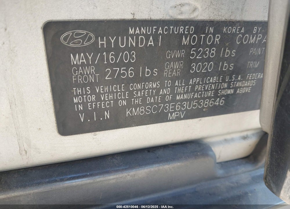 2003 HYUNDAI SANTA FE GLS/LX VIN: KM8SC73E63U538646