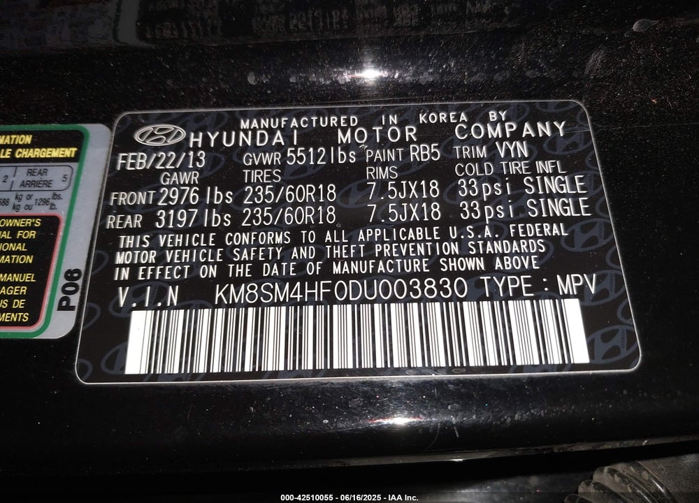 2013 HYUNDAI SANTA FE VIN: KM8SM4HF0DU003830