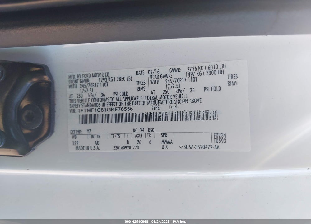 2016 FORD F-150 XL VIN: 1FTMF1C81GKF76556