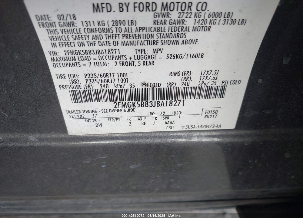 2018 FORD FLEX VIN: 2FMGK5B83JBA18271
