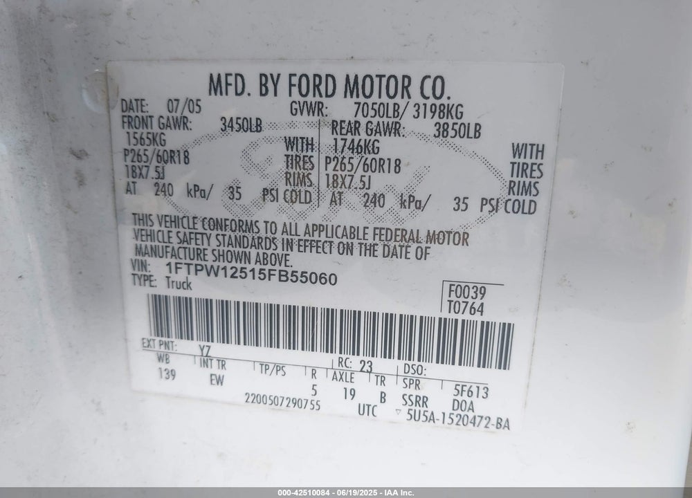 2005 FORD F-150 LARIAT/XLT VIN: 1FTPW12515FB55060