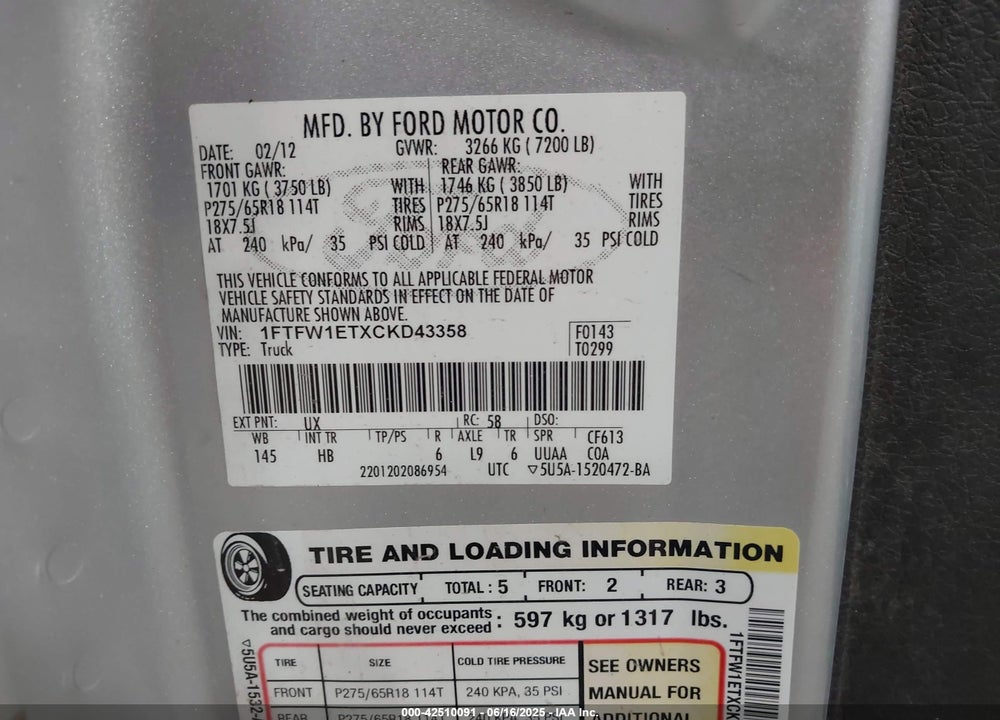 2012 FORD F-150 VIN: 1FTFW1ETXCKD43358