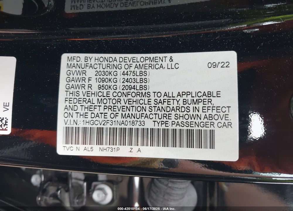 2022 HONDA ACCORD SPORT 2.0T VIN: 1HGCV2F31NA018733