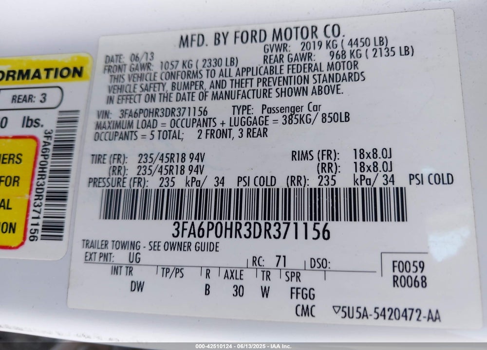 2013 FORD FUSION SE VIN: 3FA6P0HR3DR371156