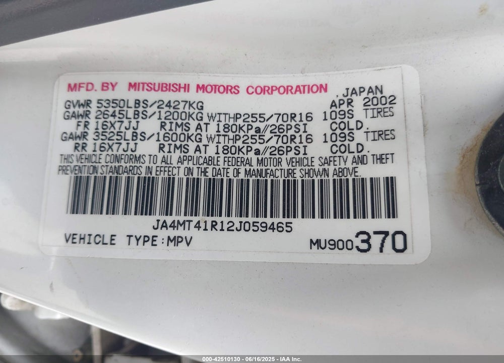 2002 MITSUBISHI MONTERO SPORT LTD VIN: JA4MT41R12J059465