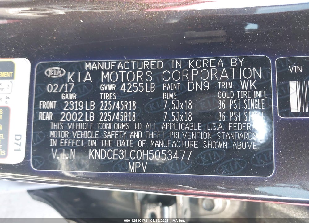 2017 KIA NIRO TOURING VIN: KNDCE3LC0H5053477