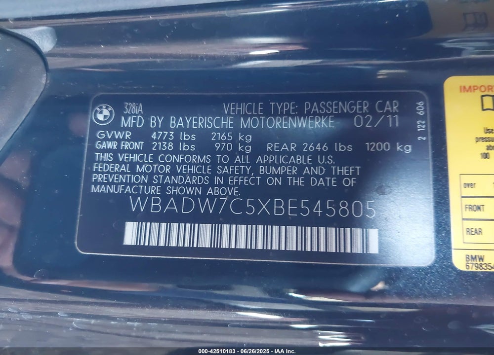 2011 BMW 3 SERIES VIN: WBADW7C5XBE545805