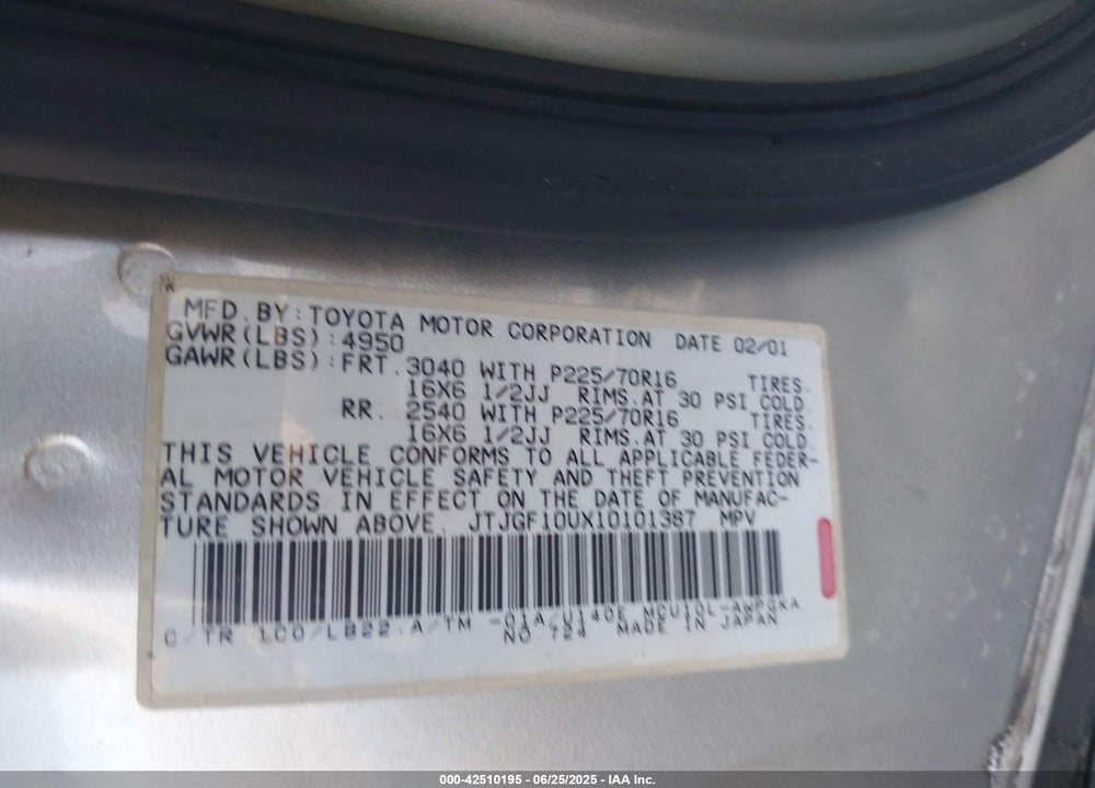 2001 LEXUS RX 300 VIN: JTJGF10UX10101387