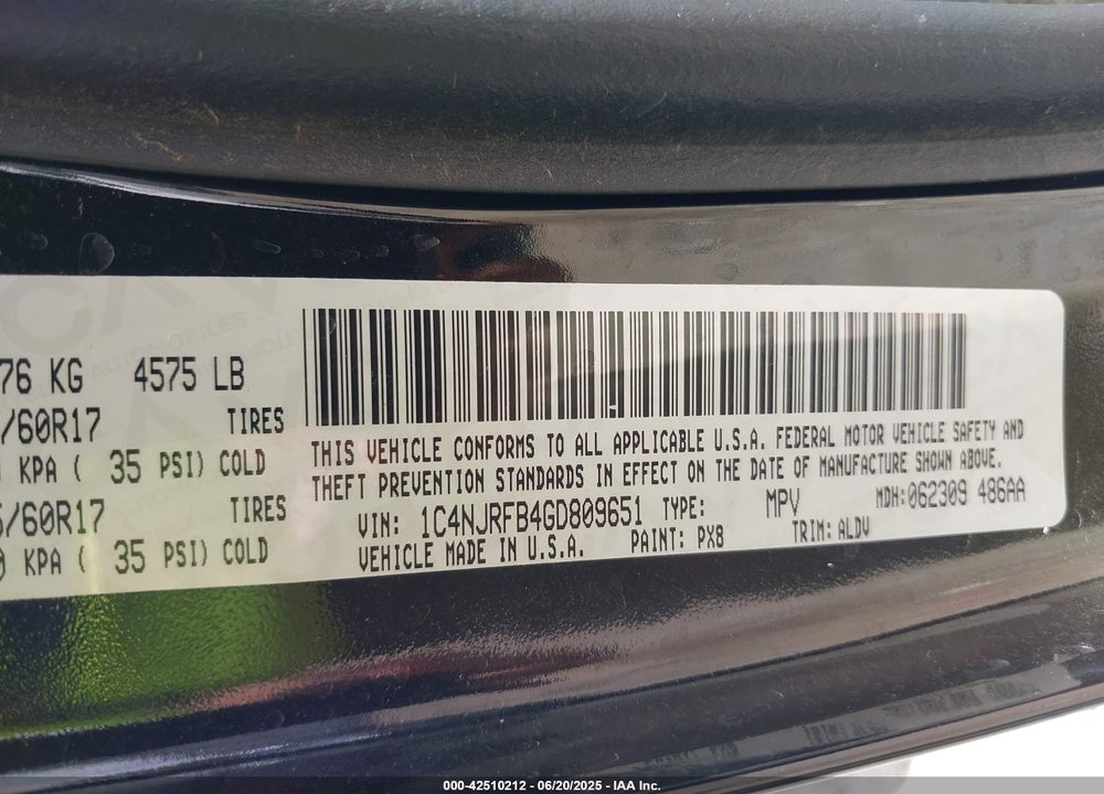 2016 JEEP PATRIOT VIN: 1C4NJRFB4GD809651