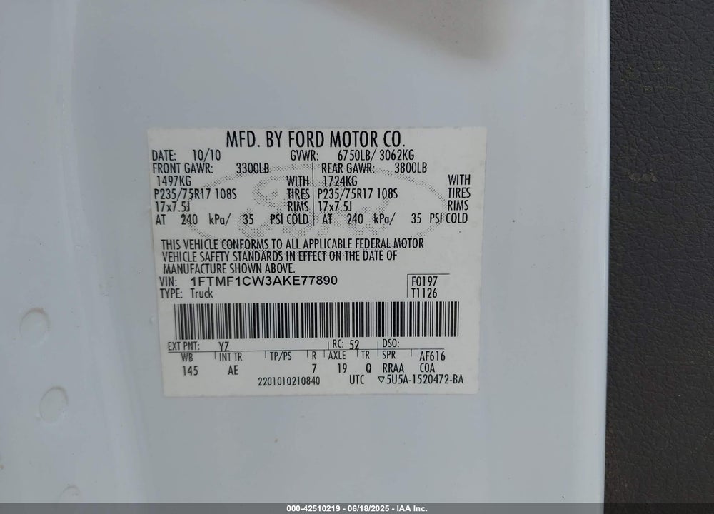 2010 FORD F-150 VIN: 1FTMF1CW3AKE77890