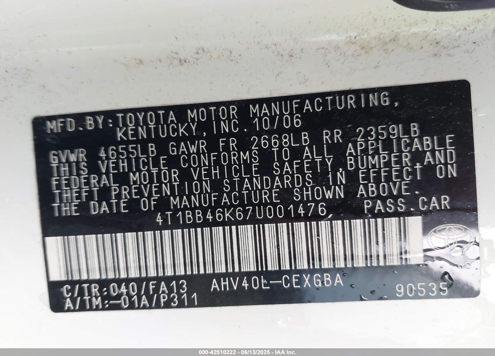 2007 TOYOTA CAMRY HYBRID VIN: 4T1BB46K67U001476
