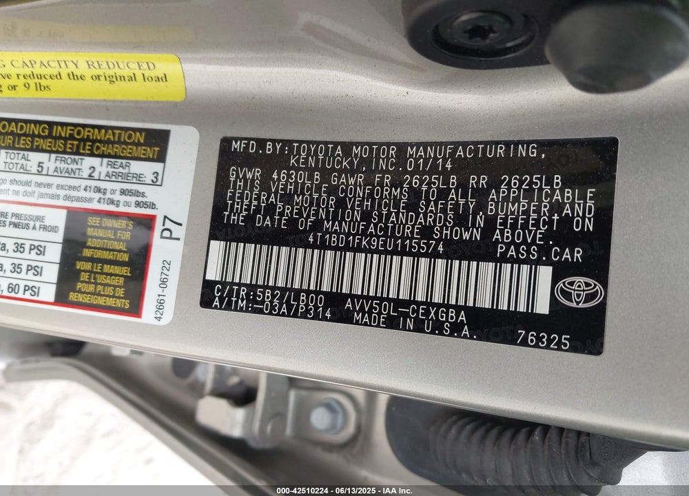 2014 TOYOTA CAMRY HYBRID XLE VIN: 4T1BD1FK9EU115574