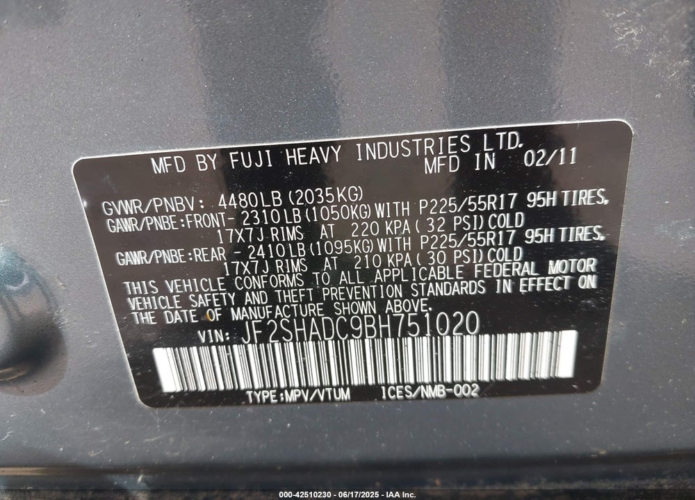 2011 SUBARU FORESTER 2.5X PREMIUM VIN: JF2SHADC9BH751020