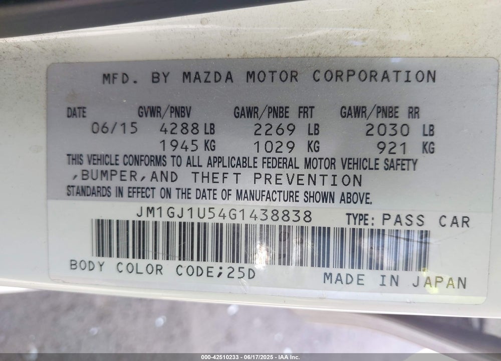 2016 MAZDA 6 VIN: JM1GJ1U54G1438838