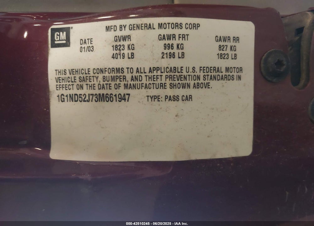 2003 CHEVROLET MALIBU VIN: 1G1ND52J73M661947