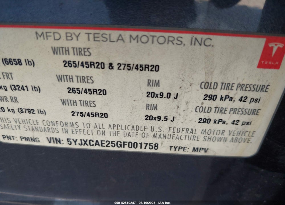 2016 TESLA MODEL X VIN: 5YJXCAE25GF001758