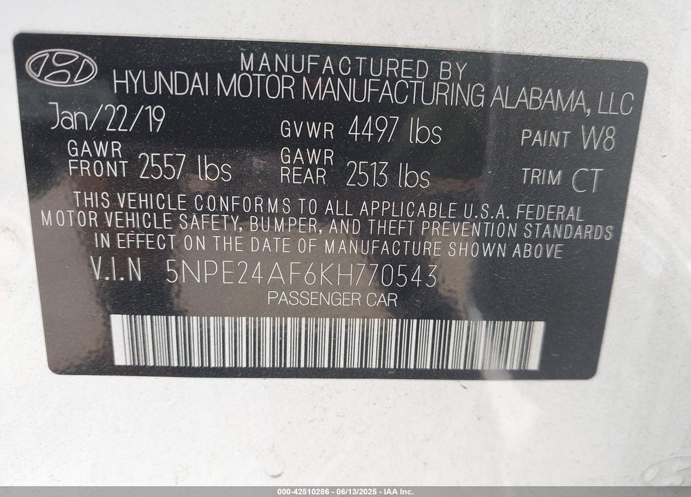 2019 HYUNDAI SONATA VIN: 5NPE24AF6KH770543