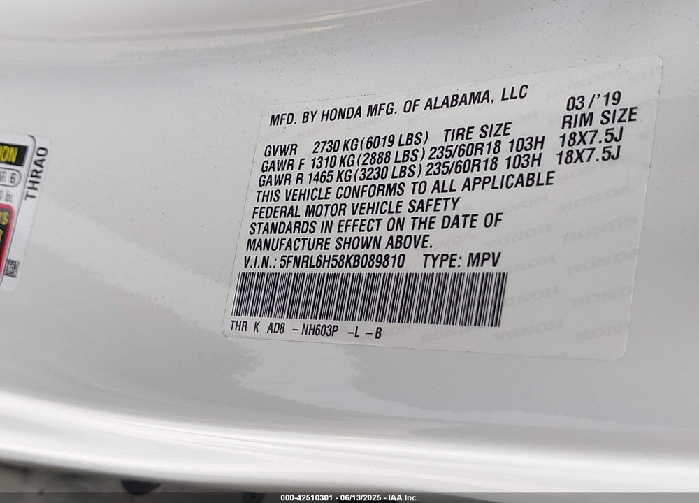 2019 HONDA ODYSSEY EX VIN: 5FNRL6H58KB089810