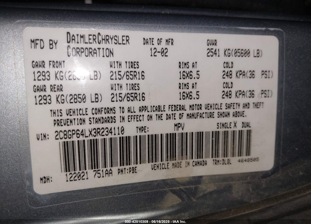 2003 CHRYSLER TOWN & COUNTRY LIMITED VIN: 2C8GP64LX3R234110
