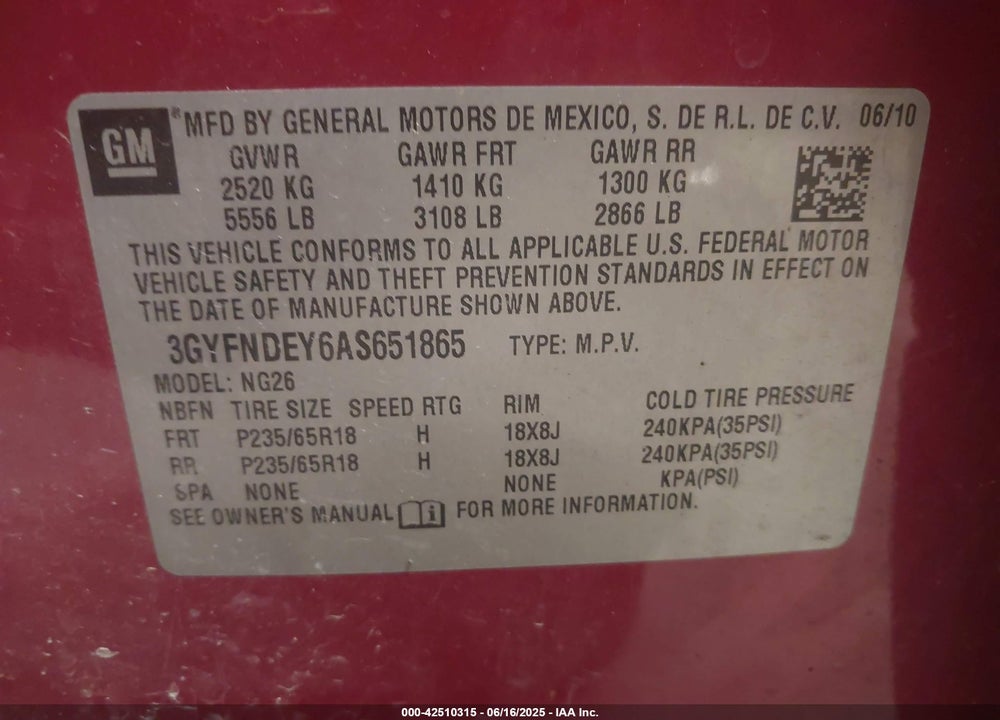 2010 CADILLAC SRX VIN: 3GYFNDEY6AS651865