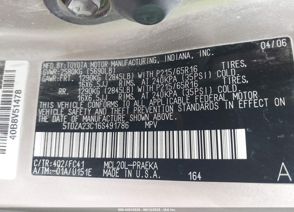 2006 TOYOTA SIENNA LE VIN: 5TDZA23C16S491786